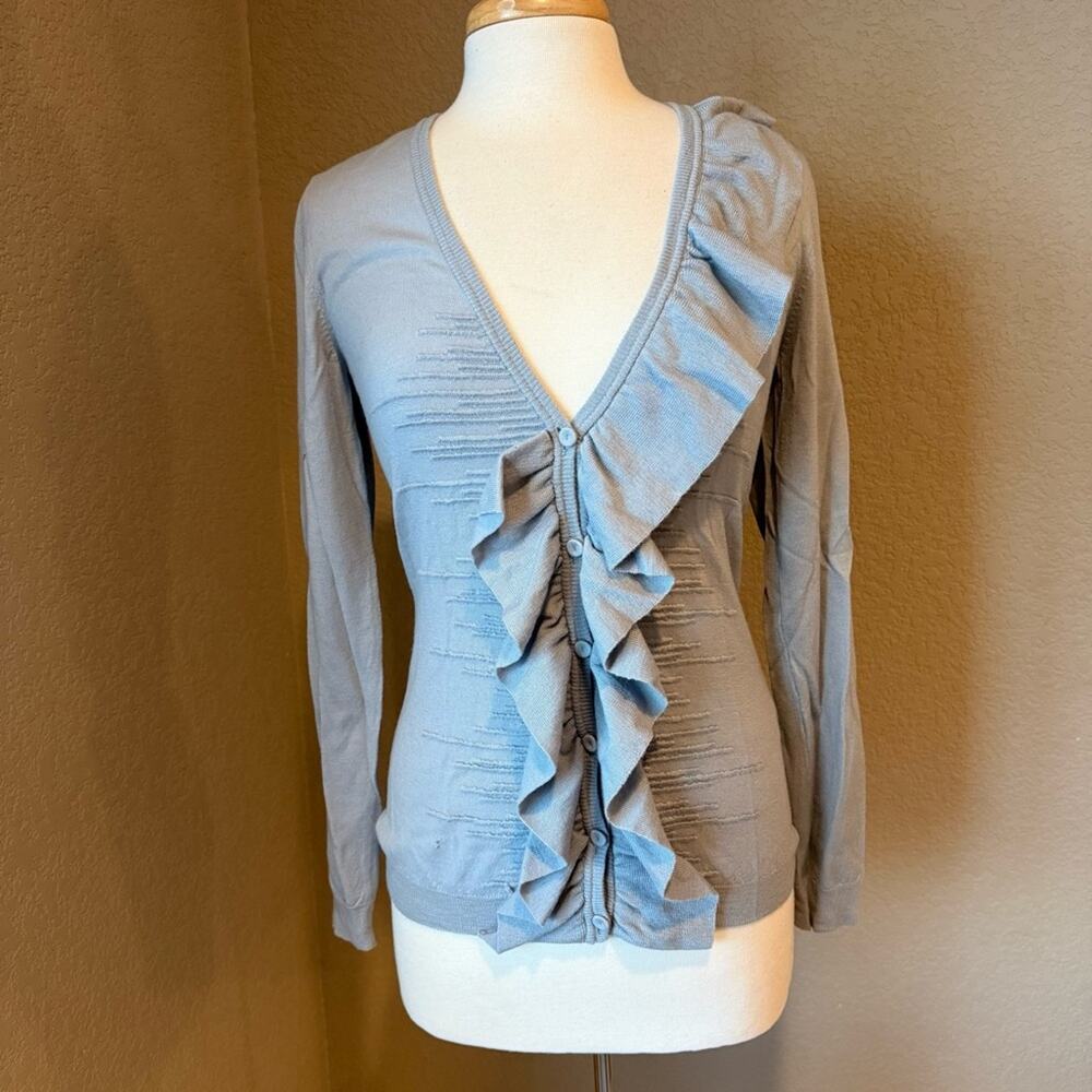 RED Valentino Grey Ruffle Button-Up Cardigan Large